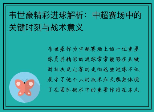 韦世豪精彩进球解析：中超赛场中的关键时刻与战术意义